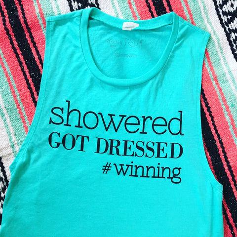 Showered. Got Dressed. #Winning Teal Muscle Tank